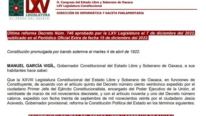 CONSTITUCIÓN POLÍTICA DEL ESTADO LIBRE Y SOBERANO DE OAXACA