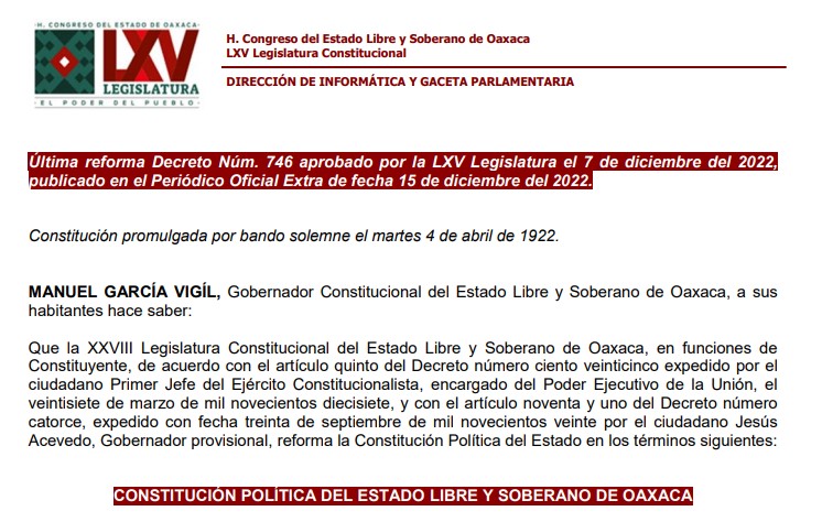 CONSTITUCIÓN POLÍTICA DEL ESTADO LIBRE Y SOBERANO DE OAXACA